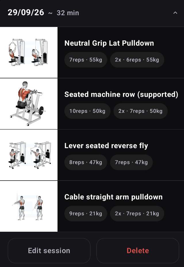 Workout history widget, first variant