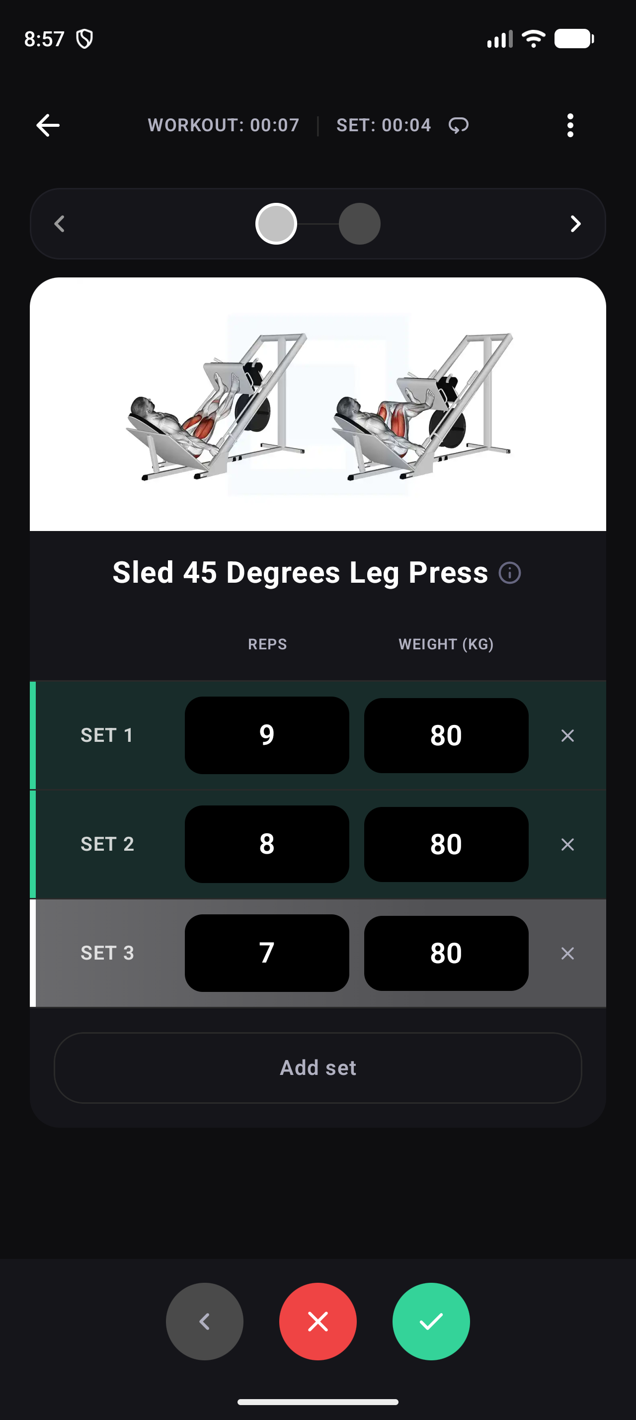 Workout player screen with the current exercise