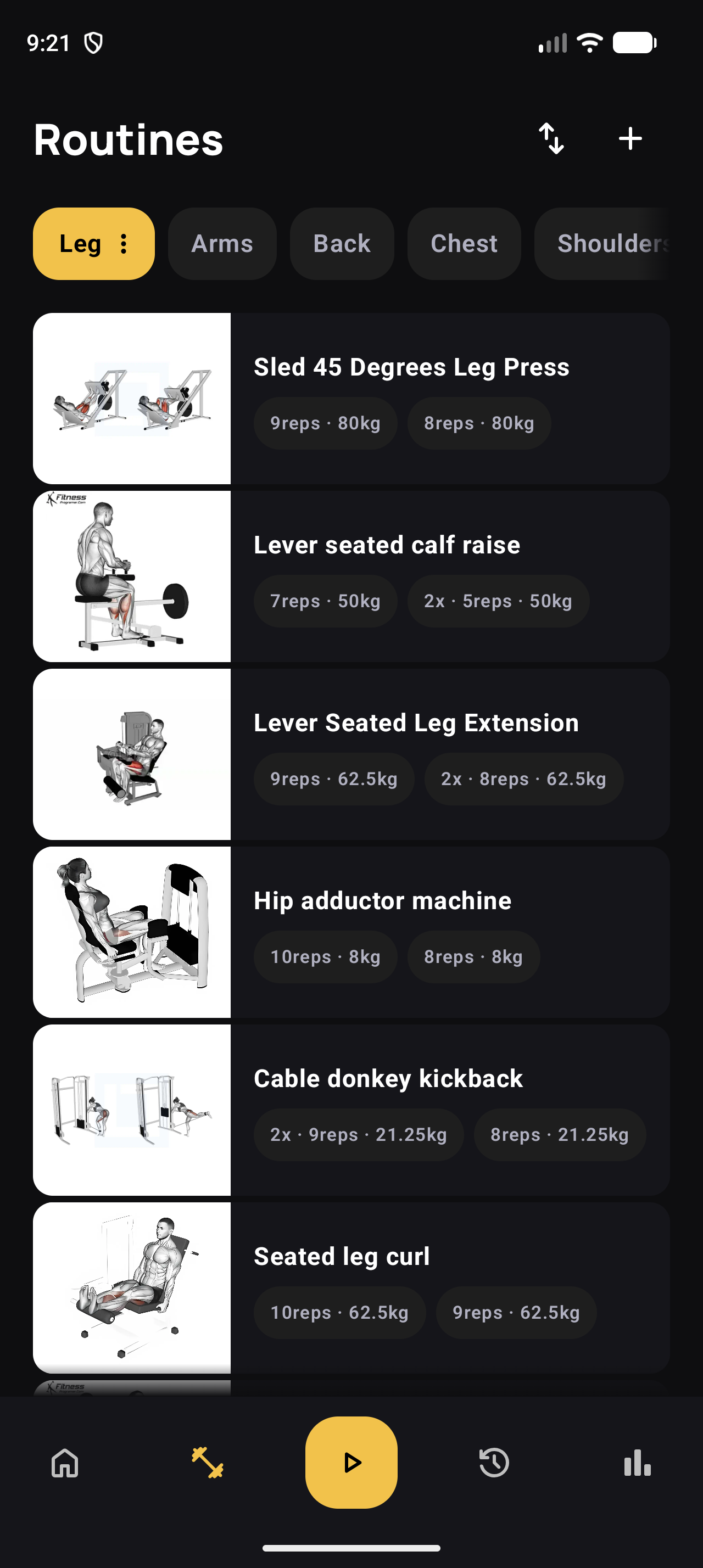 Routines list screen